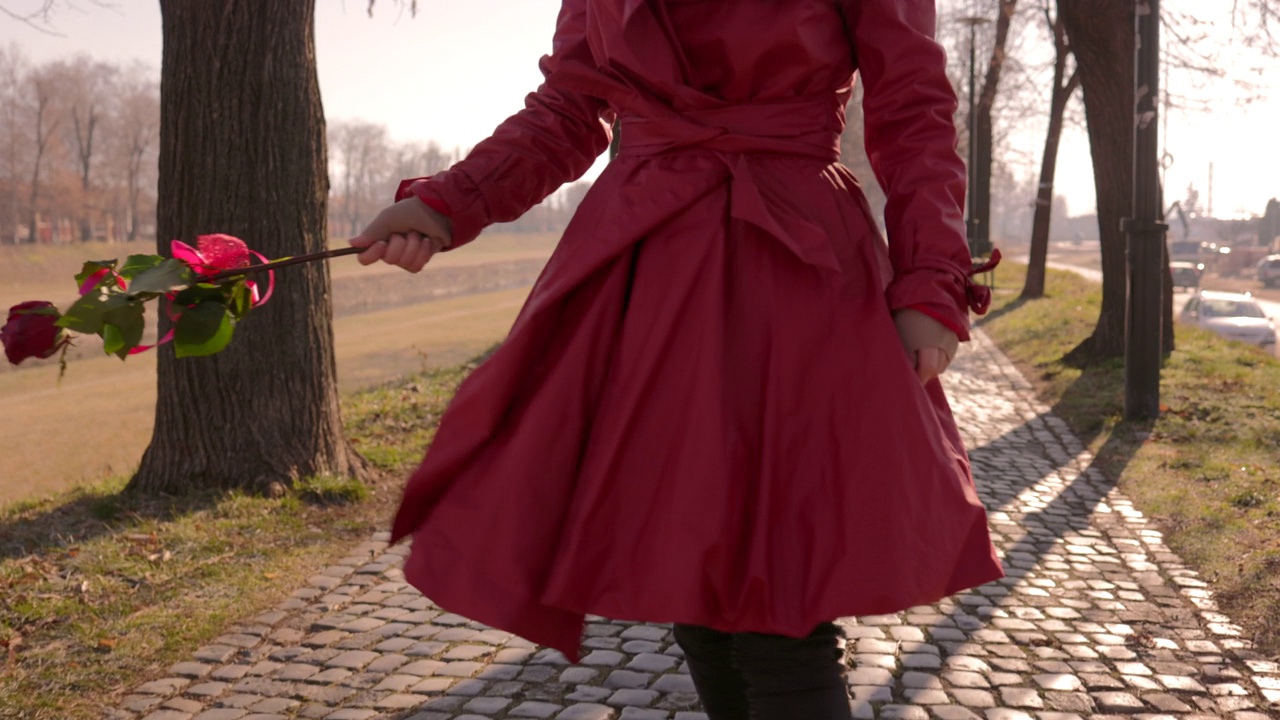穿红衣服的女人拿着一朵玫瑰视频下载