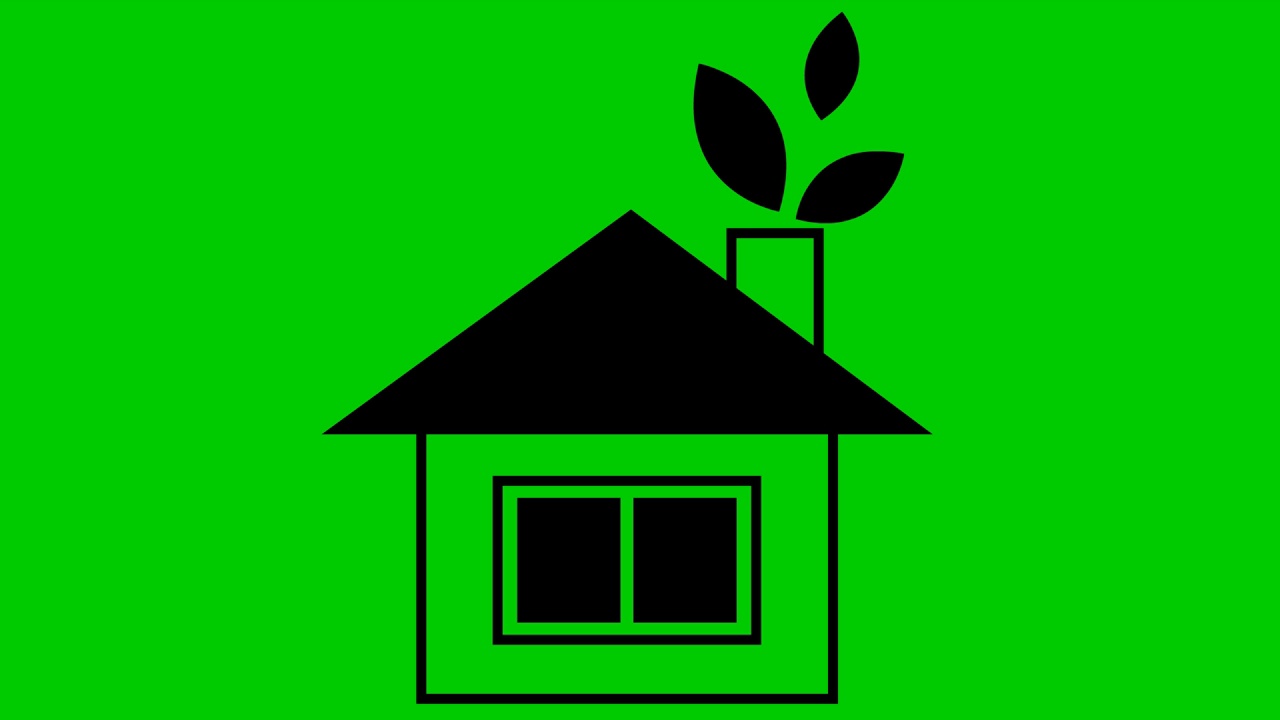 平生态图标。黑房子，烟囱里的叶子。可再生能源概念、绿色技术、生态、绿色能源。矢量插图孤立在绿色背景。视频下载