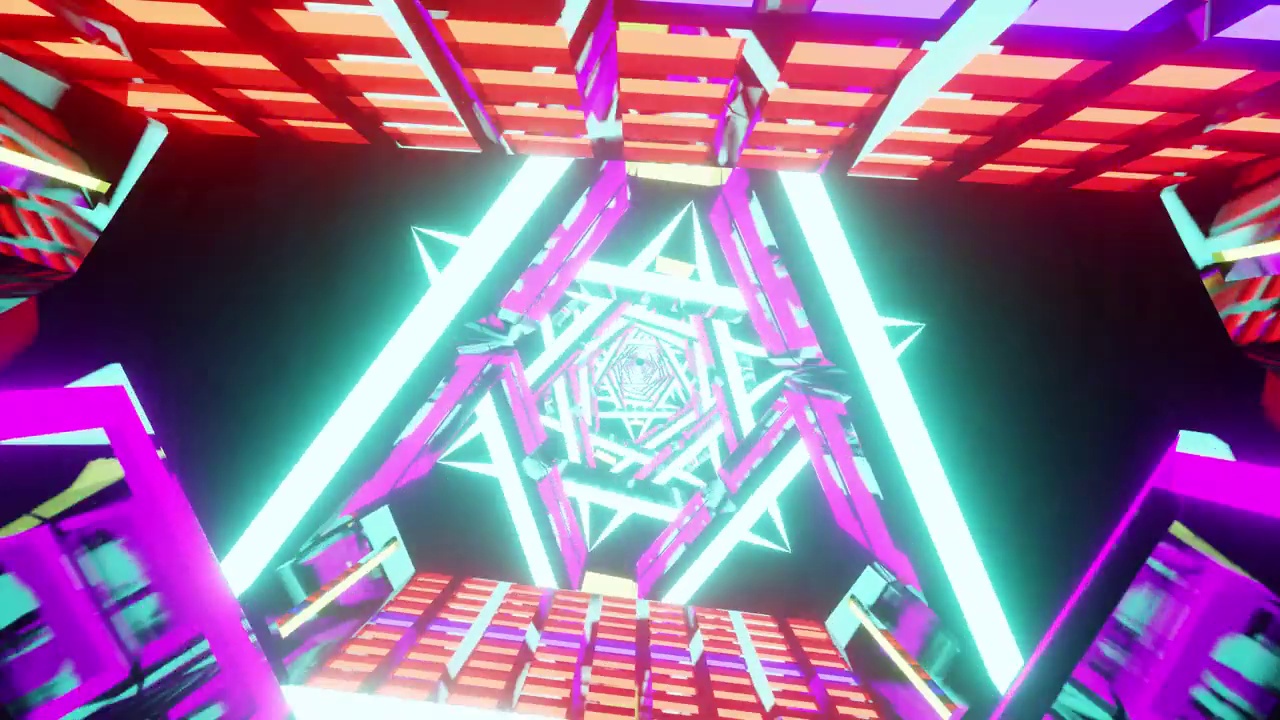 明亮的霓虹灯三角形科幻隧道背景通过宇宙飞船VJ循环视频素材