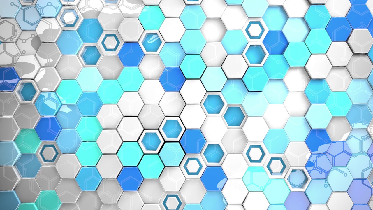 结构背景的蓝色和白色的反射六边形移动在一个波形反射化学公式视频素材