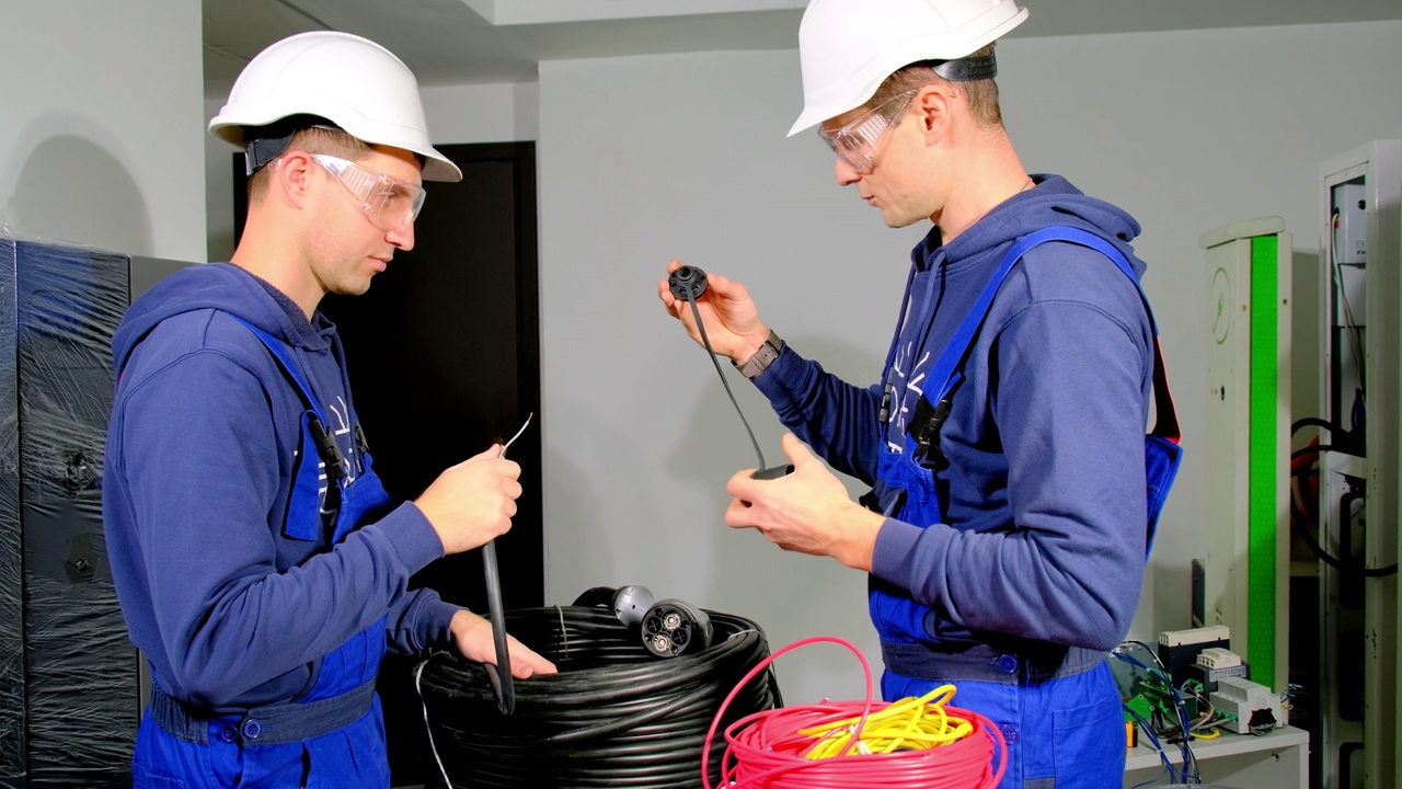 工程师与电气设备员工检查电缆视频素材