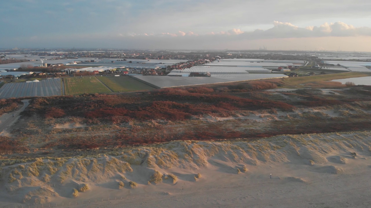 荷兰海岸沙丘后面的韦斯特兰温室的航拍照片视频下载