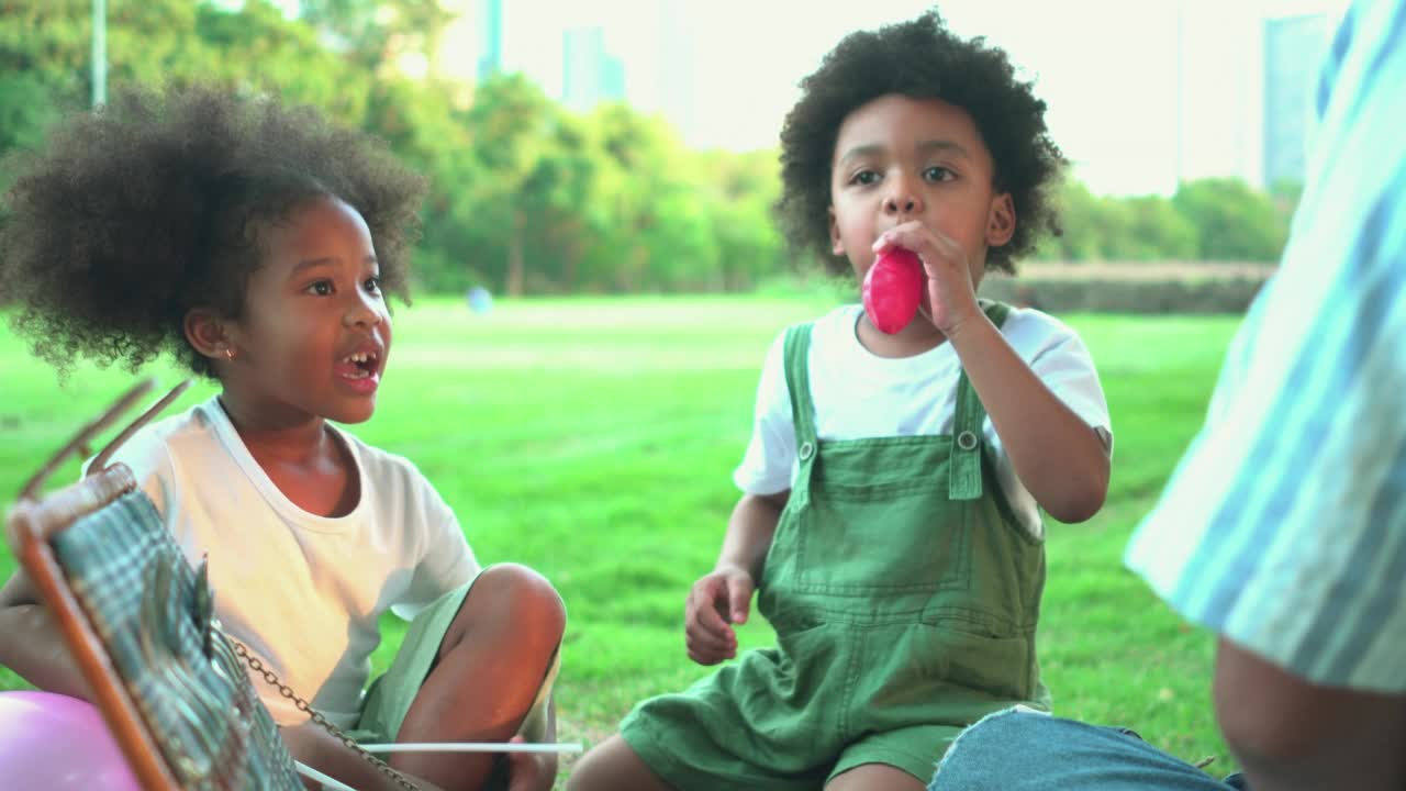 快乐顽皮的非裔美国人双胞胎兄弟喜欢在露天公园的草地上吹气球作为休闲活动。四五岁的孩子在暑假的早晨在阳光明媚的日子里的户外放松。视频下载