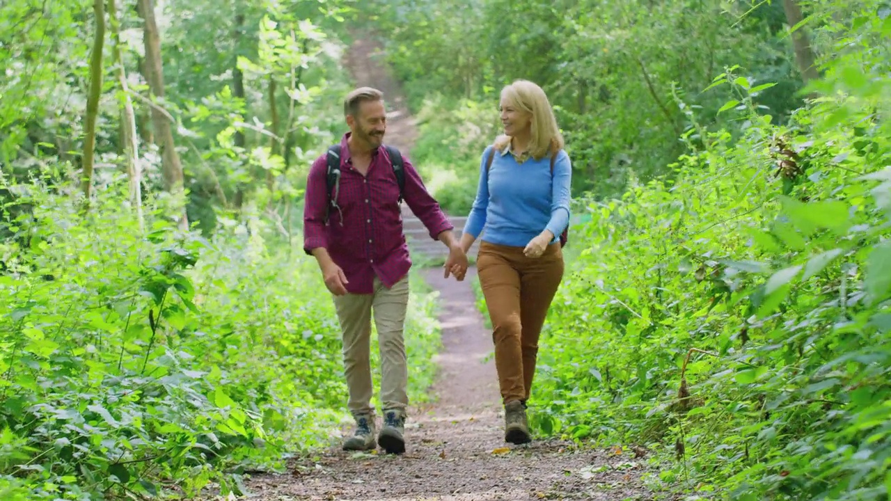 爱的成熟的夫妇在乡村徒步穿越森林的小路上手牵手视频素材