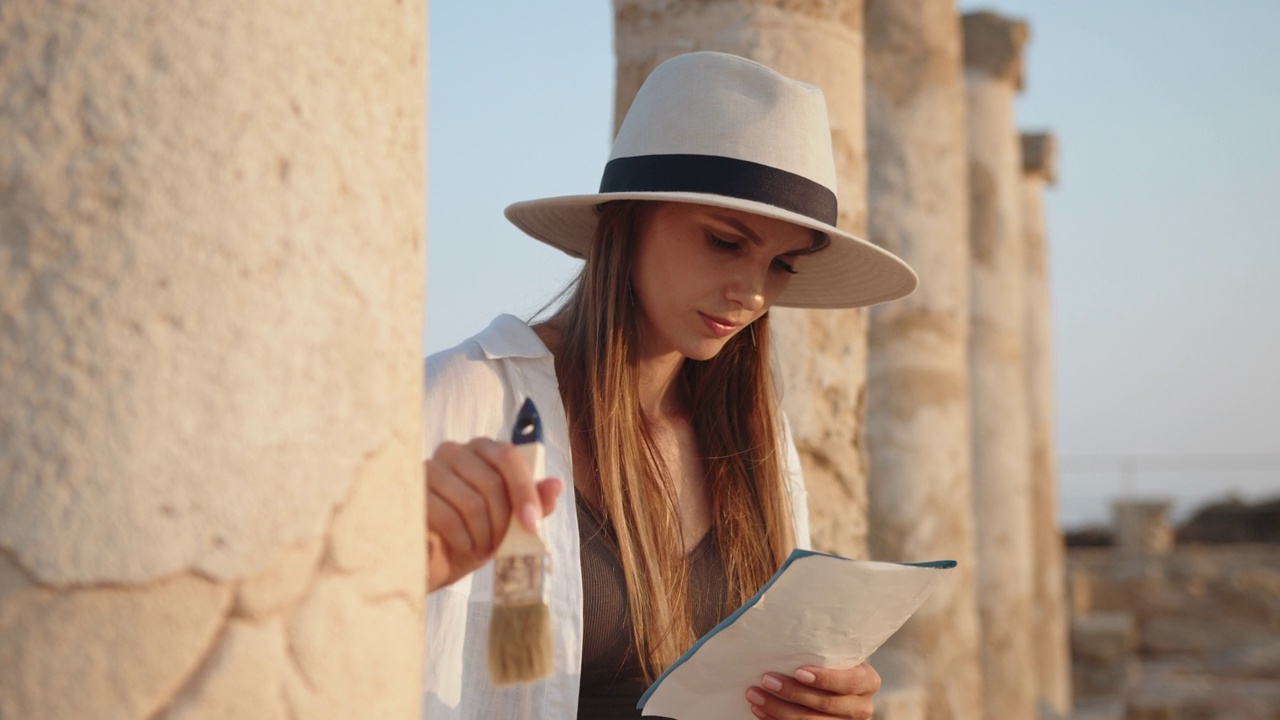 考古学家站在古代寺庙的废墟中。拿着刷子和地图的女人。女孩在一座有柱子的古庙里看地图的记录。考古挖掘现场视频下载
