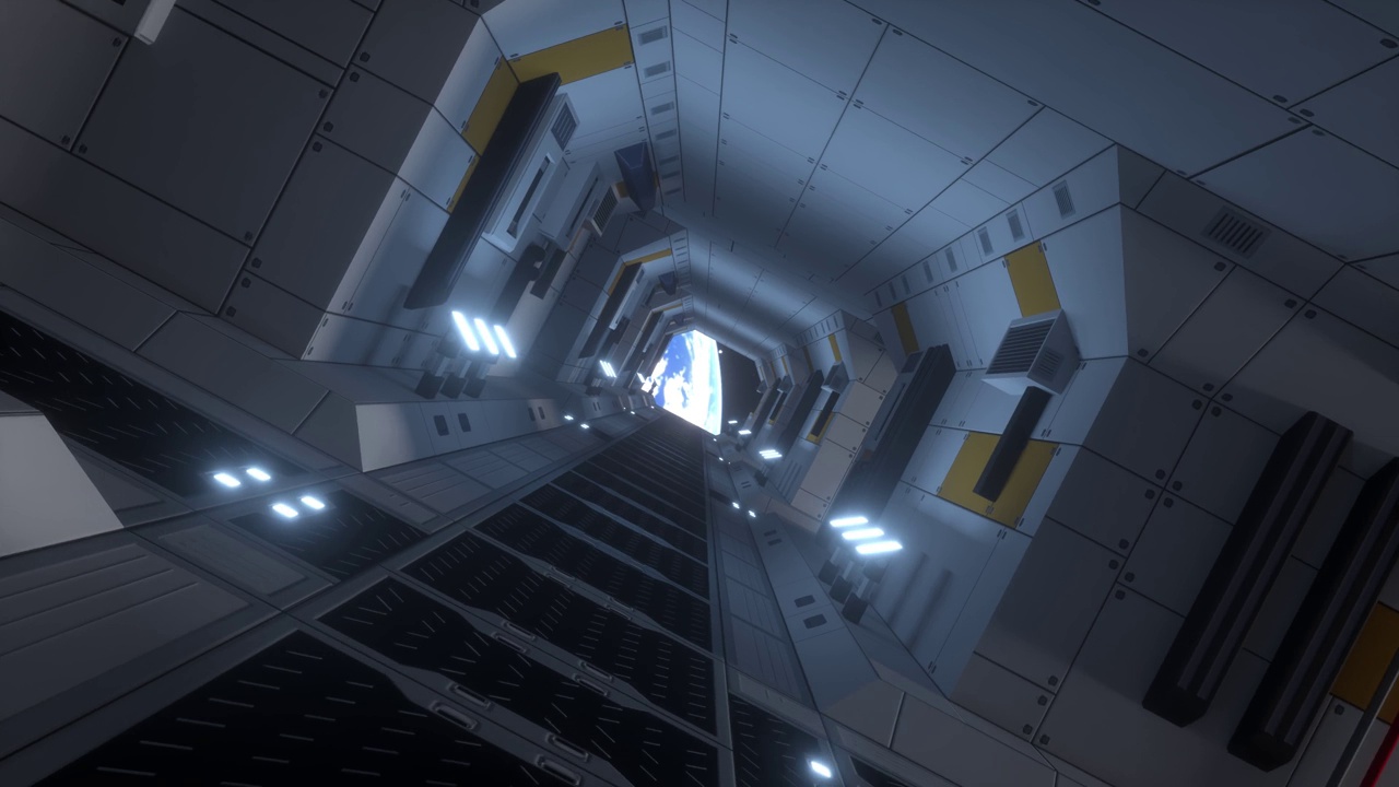 宇宙飞船走廊。在宇宙飞船隧道里飞行，科幻小说中的穿梭走廊视频购买