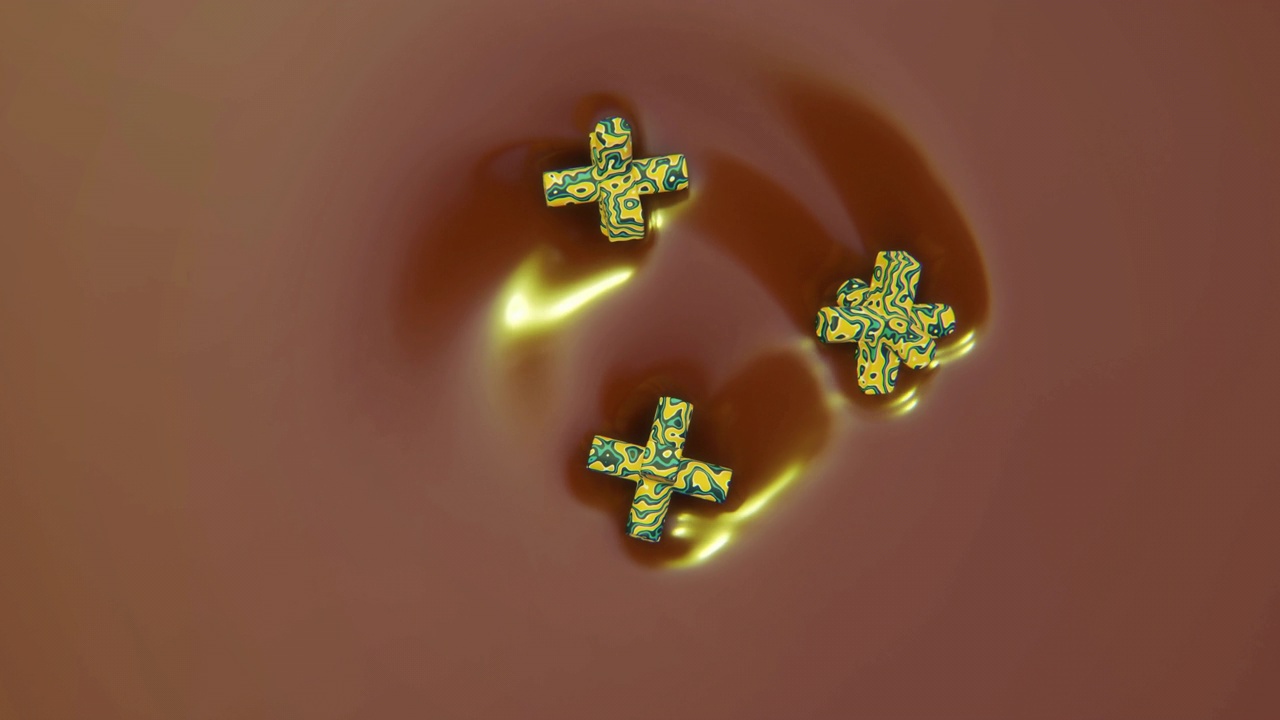 4k视频，三个几何结构在一个棕色的漩涡。视频素材