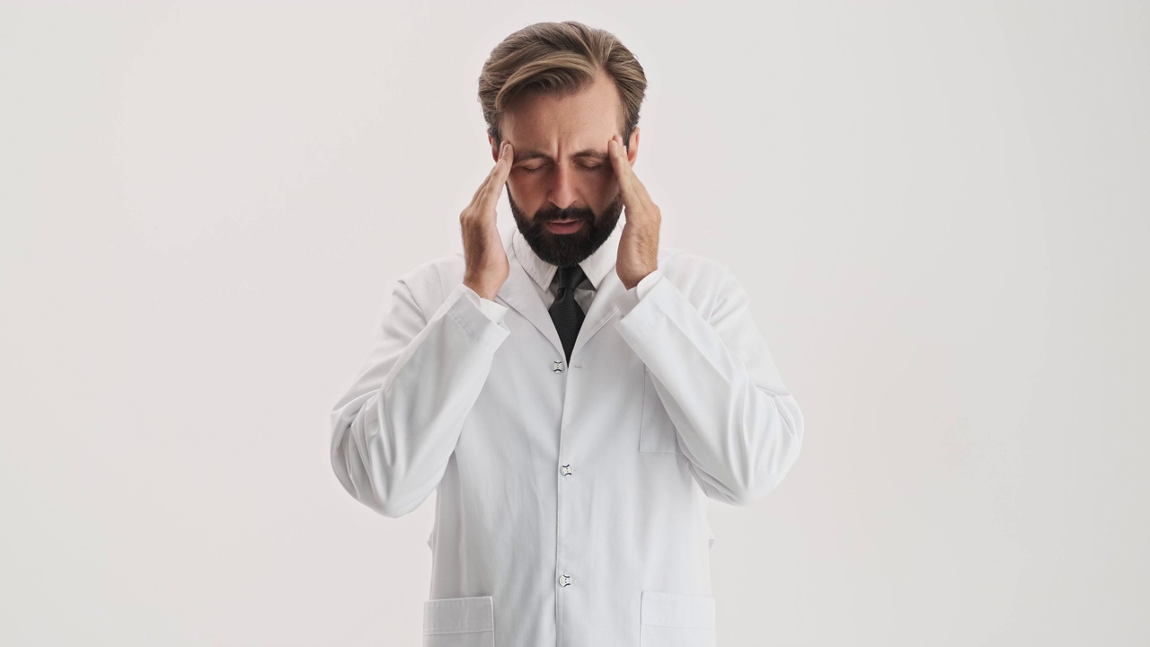 心烦的男子医生按摩他的太阳穴和鼻梁，因为头痛视频下载