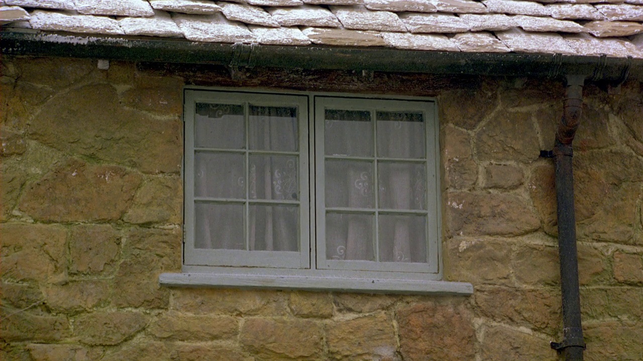 砖房或农舍上双开窗的中等角度。房子前面长着绿色的常春藤。雪落在木瓦屋顶上。冬天。视频下载