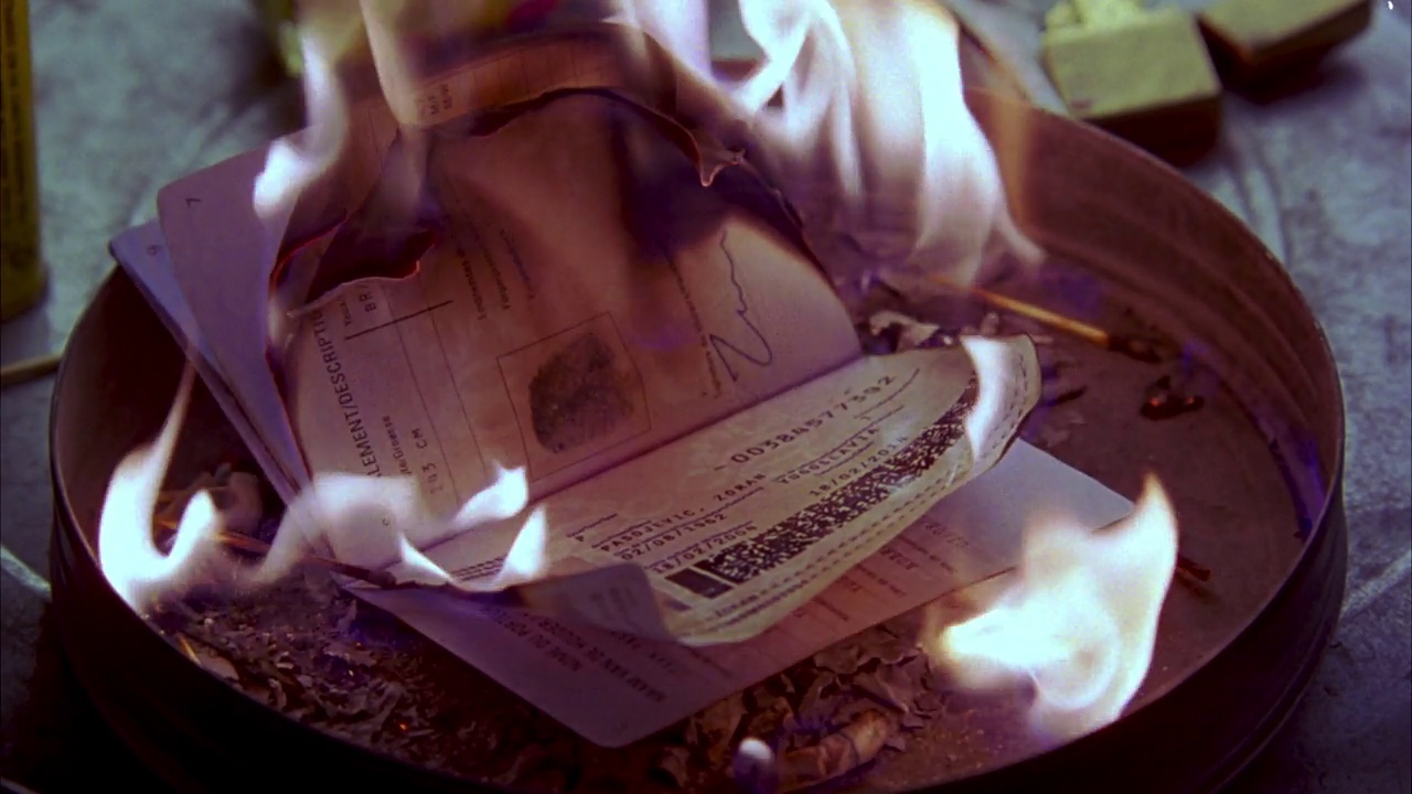 护照在烟灰缸里打开的闭合角度。下面有几根烧过的火柴和香烟。一种透明的液体从屏幕外喷射到整个屏幕上。一只手把一根火柴掉在上面，它就燃烧起来了。书页燃烧、卷曲、变黑。燃烧。视频下载