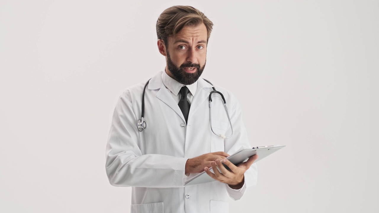 严肃的男医生拿着听诊器看着病史，消极地摇着头视频素材