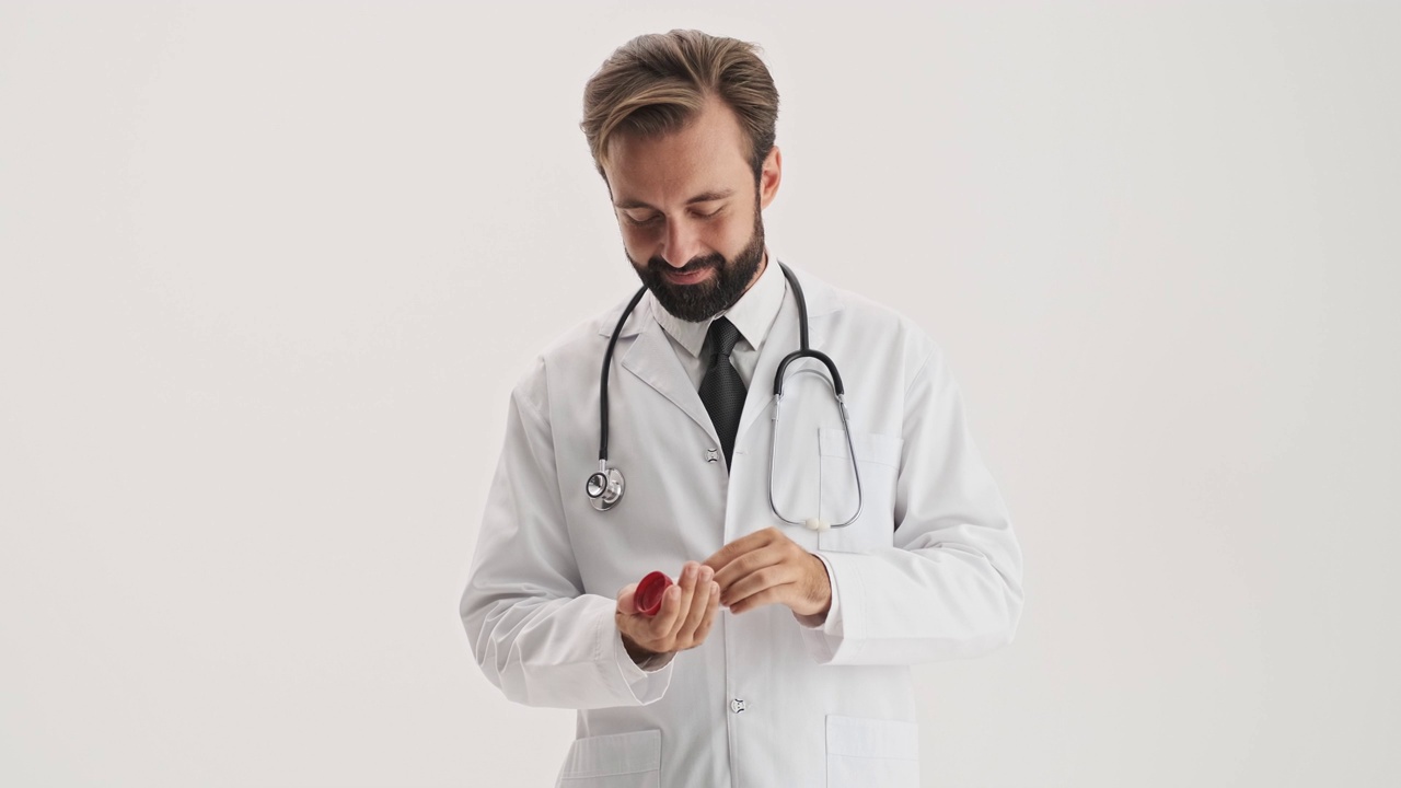 微笑的男医生用听诊器打开了装有药丸的瓶子，并把一些药丸放在他的手里视频下载