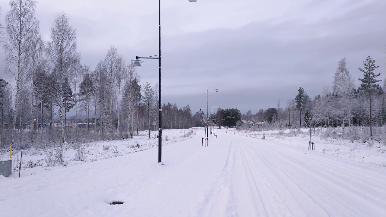 白雪覆盖的道路两旁是树视频素材
