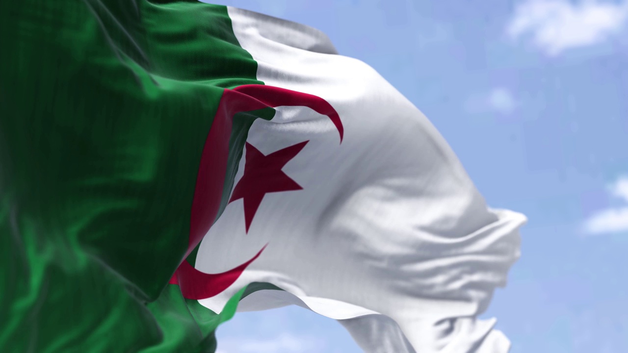 晴朗的一天，阿尔及利亚国旗在风中飘扬视频下载