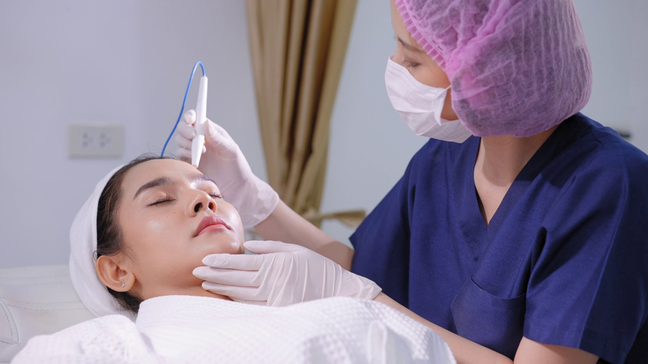 使用特殊的设备。美容师在一名亚洲女性的脸上进行针疗法。戴着手套的美容师对躺在美容诊所的患者额头皮肤进行真皮皮肤针刺治疗，目的是收紧面部。视频素材
