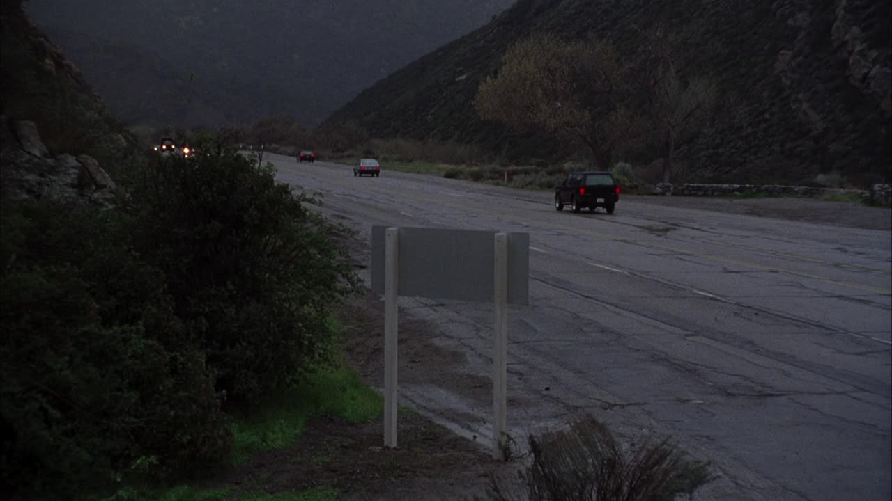 暴风雨时山路中角。警灯闪烁的警车从左侧行驶，前方的绿色宝马三(3)系在路上急转弯，可能是为了躲避警车。视频素材