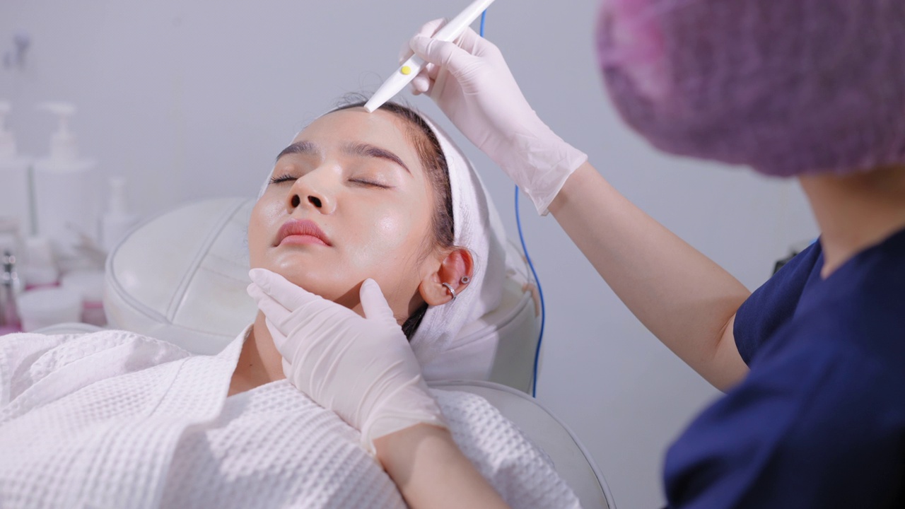 亚洲年轻漂亮的女性穿着浴袍和毛巾缠头巾躺在医生面前，在前额皮肤上做真皮皮肤针刺治疗。亚洲年轻漂亮女性在脸上做微针按摩，使脸部绷紧、提升。视频素材