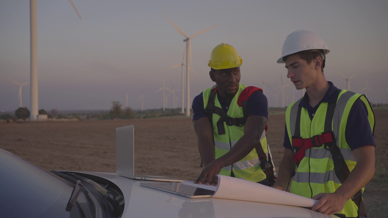 两名亚洲工程师正在检查风力涡轮机系统。视频素材