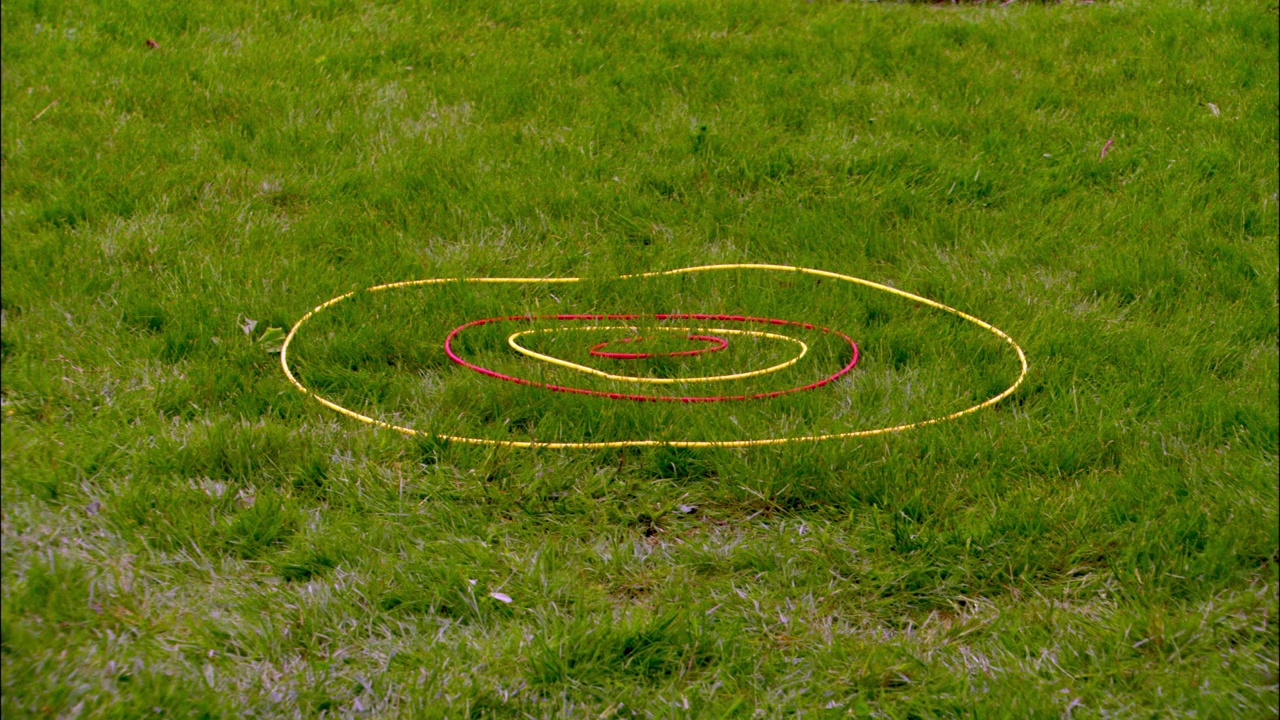 在草地上的一个环的目标的中等角度。可能是草坪飞镖。戒指在红色和黄色之间变化。视频下载