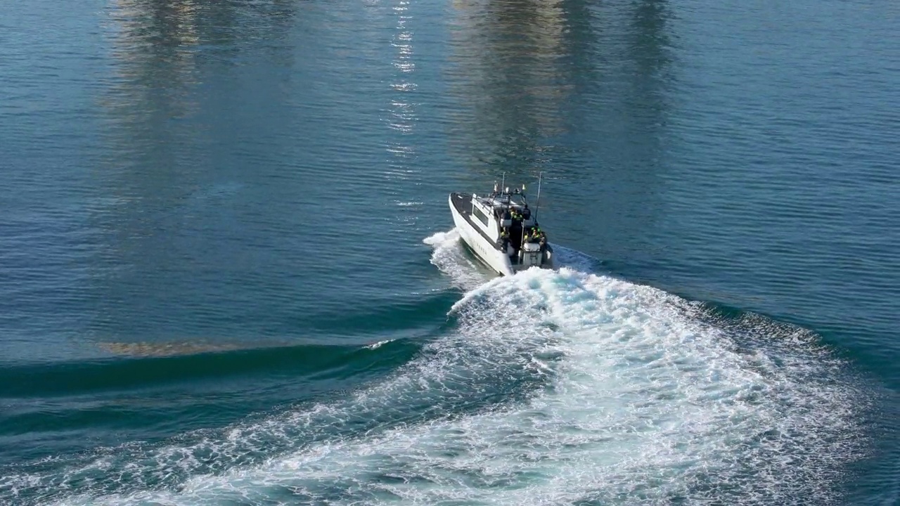拖船引航船引导游船航行在航线上，帮助游船停靠在意大利巴勒莫港视频下载