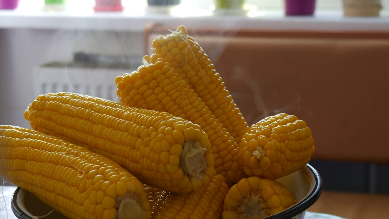 在家里的厨房里用大碗煮玉米。蒸汽出来视频素材