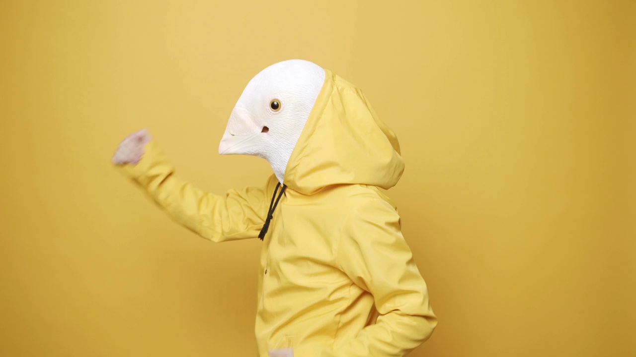 快乐的家伙享受舞蹈与鸽子面具在黄色背景。愚人节。视频下载