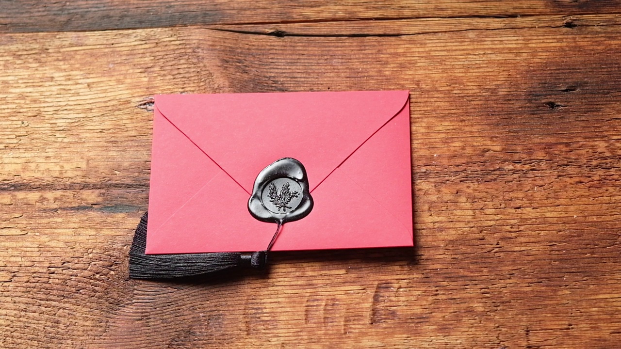 用封蜡封好的红信封放在木头的表面上。爱的信件。视频下载