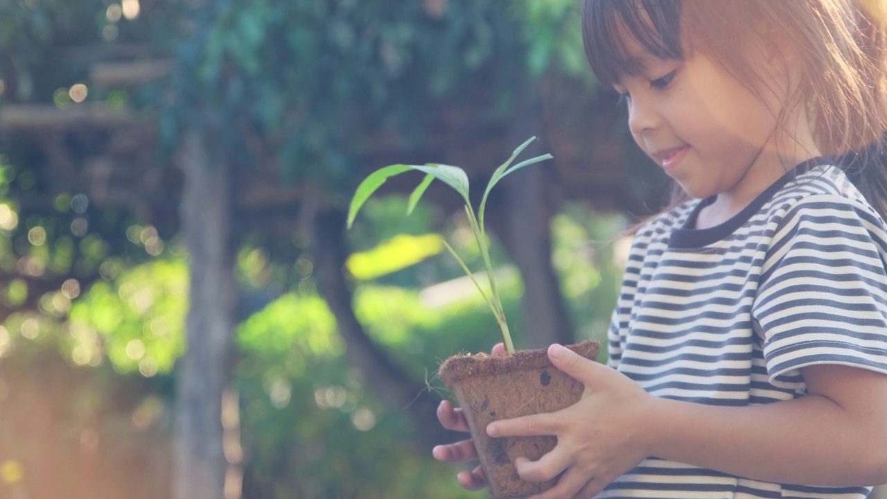 可爱的小女孩给了她的妹妹一个花盆的绿色背景春天生态概念。世界环境日。视频素材