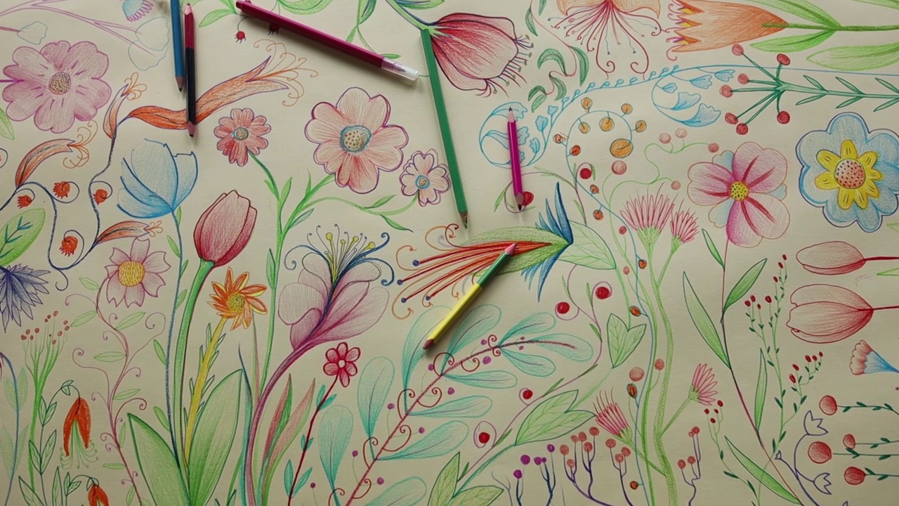 春天的花朵和彩色铅笔视频下载