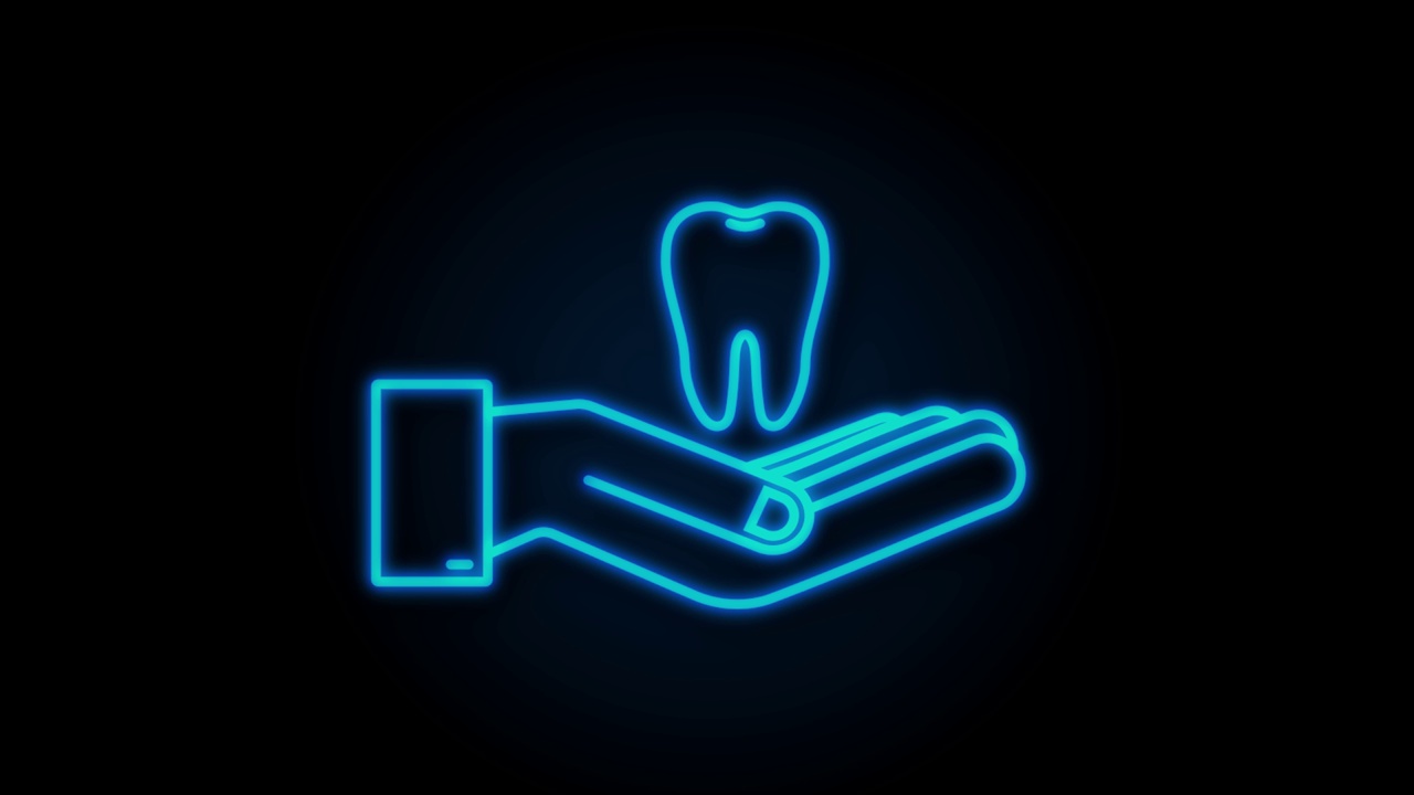 霓虹灯牙齿图标牙医。健康的牙齿在手中。运动图形视频素材