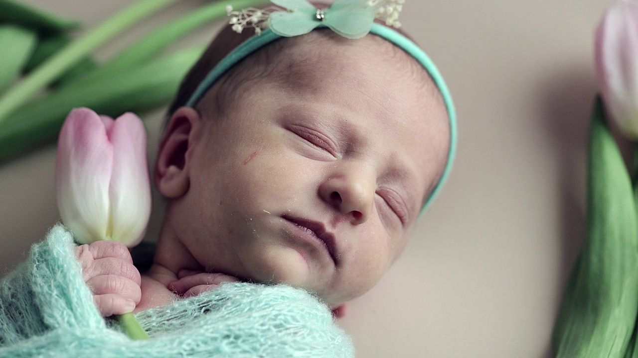 摄影棚里刚出生的女婴的肖像。视频下载