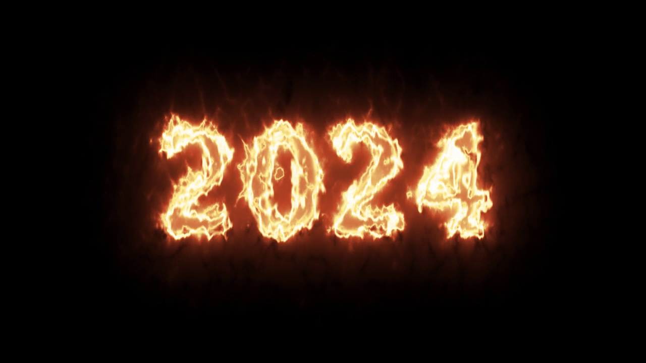 快乐的新年2024，火火焰燃烧文本黑色背景，圣诞节，倒计时，日历，周年纪念视频下载