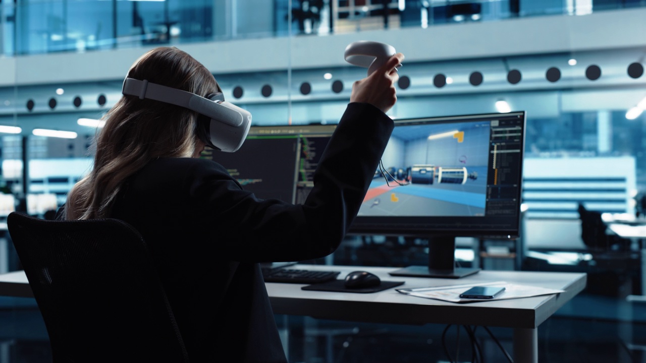 汽车工程师使用VR软件在一个工厂办公室的交互式环境中工作电动马达和车辆平台。工业工程师使用耳机和控制器。视频素材