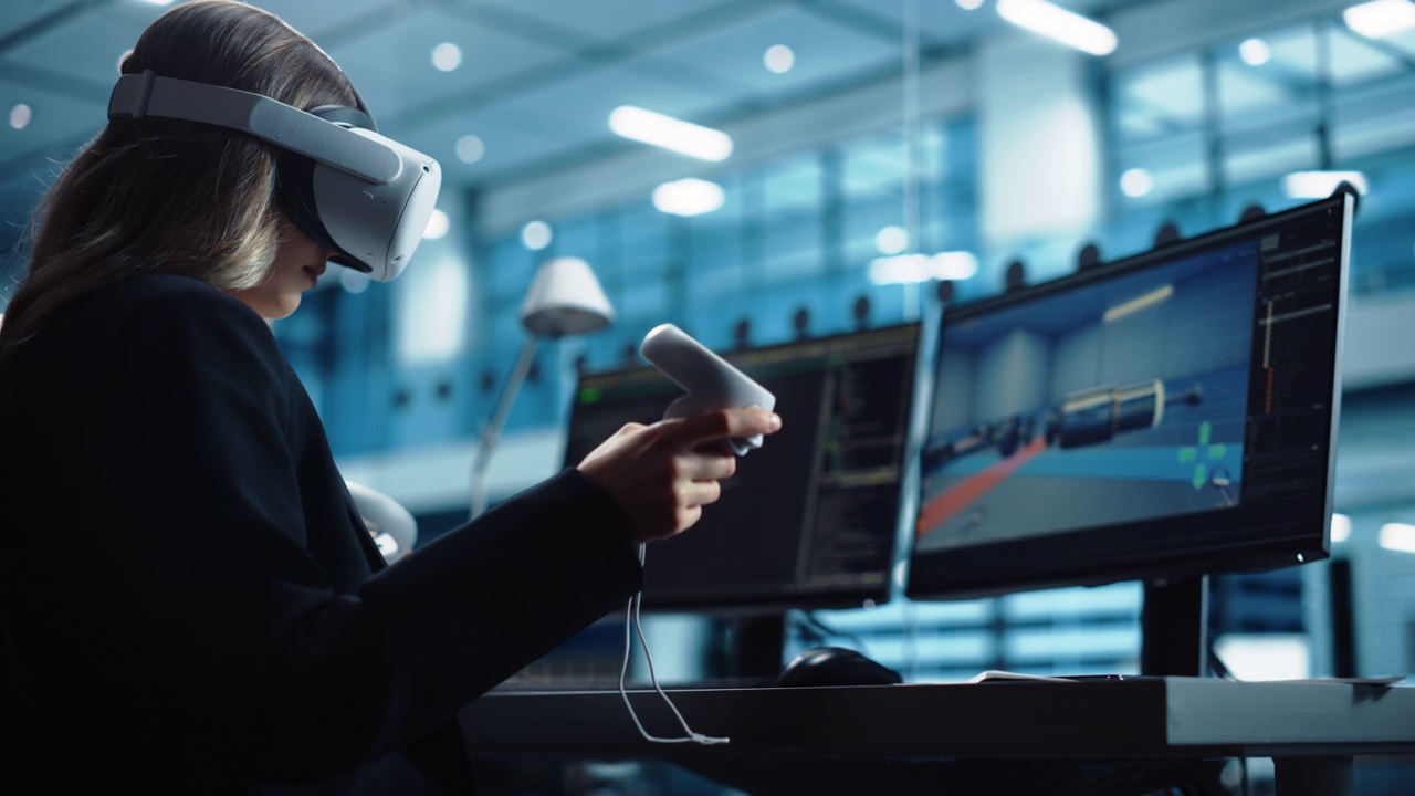 汽车工程师使用VR软件在一个工厂办公室的交互式环境中工作电动马达和车辆平台。工业工程师使用耳机和控制器。视频下载