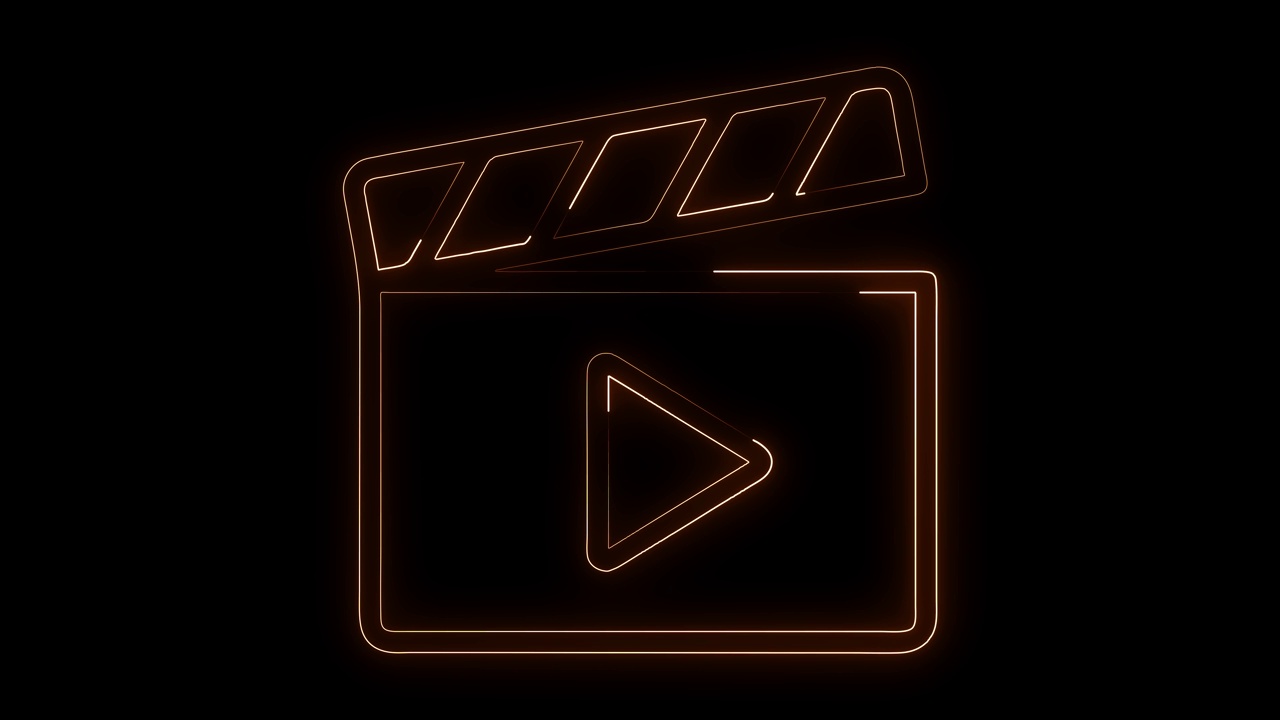 发光霓虹灯线电影拍手图标孤立在黑色背景。电影合板。电影制作或媒体行业。视频下载