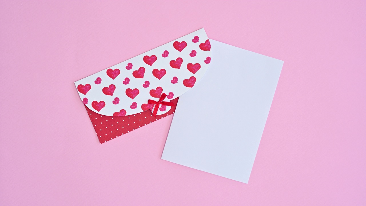 白色的文字纸出现在情人节的心形信封上。停止运动视频下载