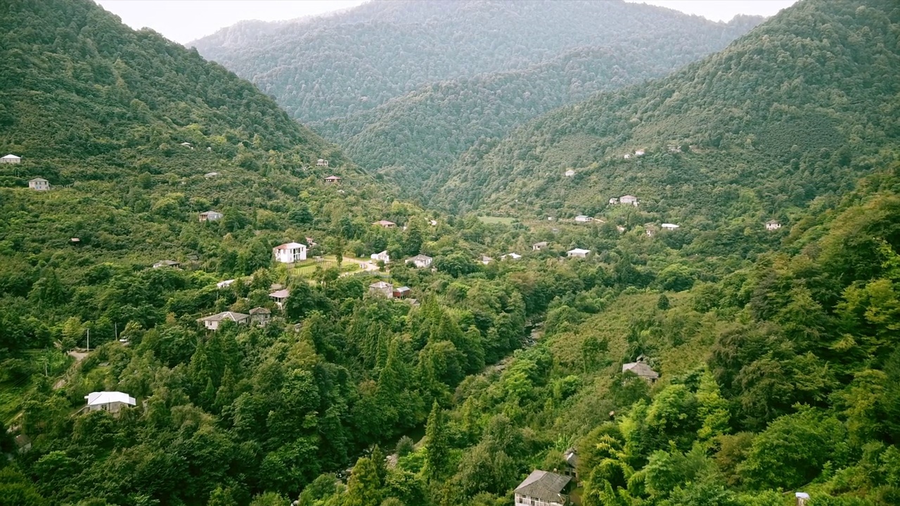 无人机拍摄的格鲁吉亚自然风光。山谷里有狭窄的河流和村庄，山坡上绿树成荫，天空多云视频下载