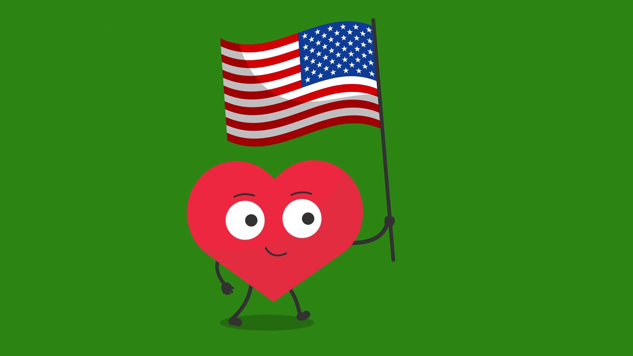 可爱的心脏字符与美国国旗动画视频素材
