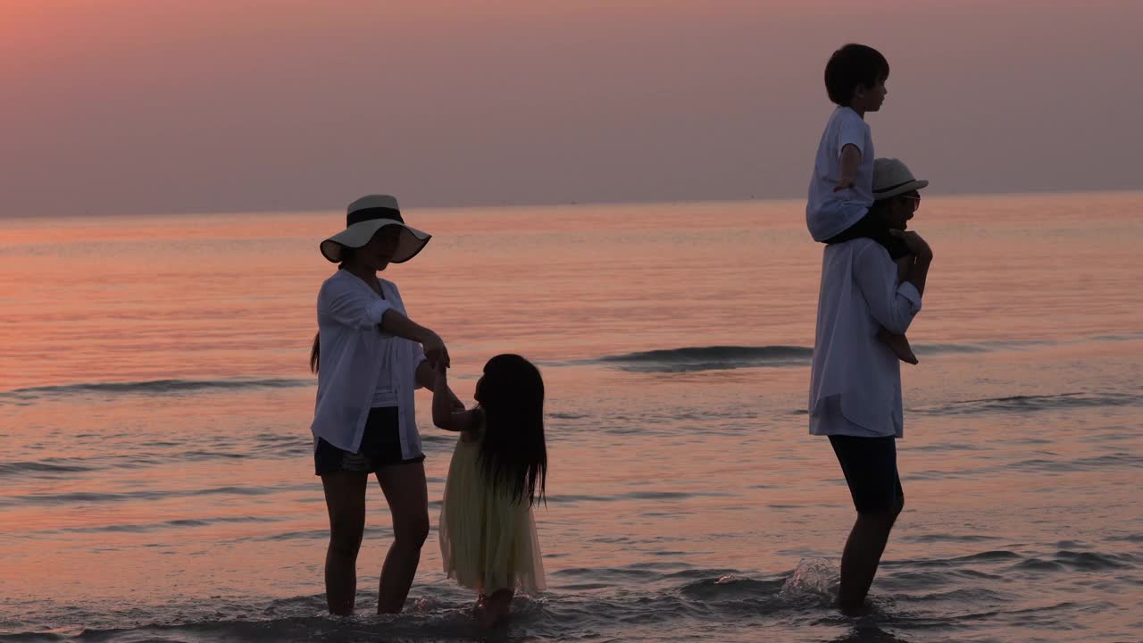 在落日的背景下，一家人在海滩上玩耍视频下载