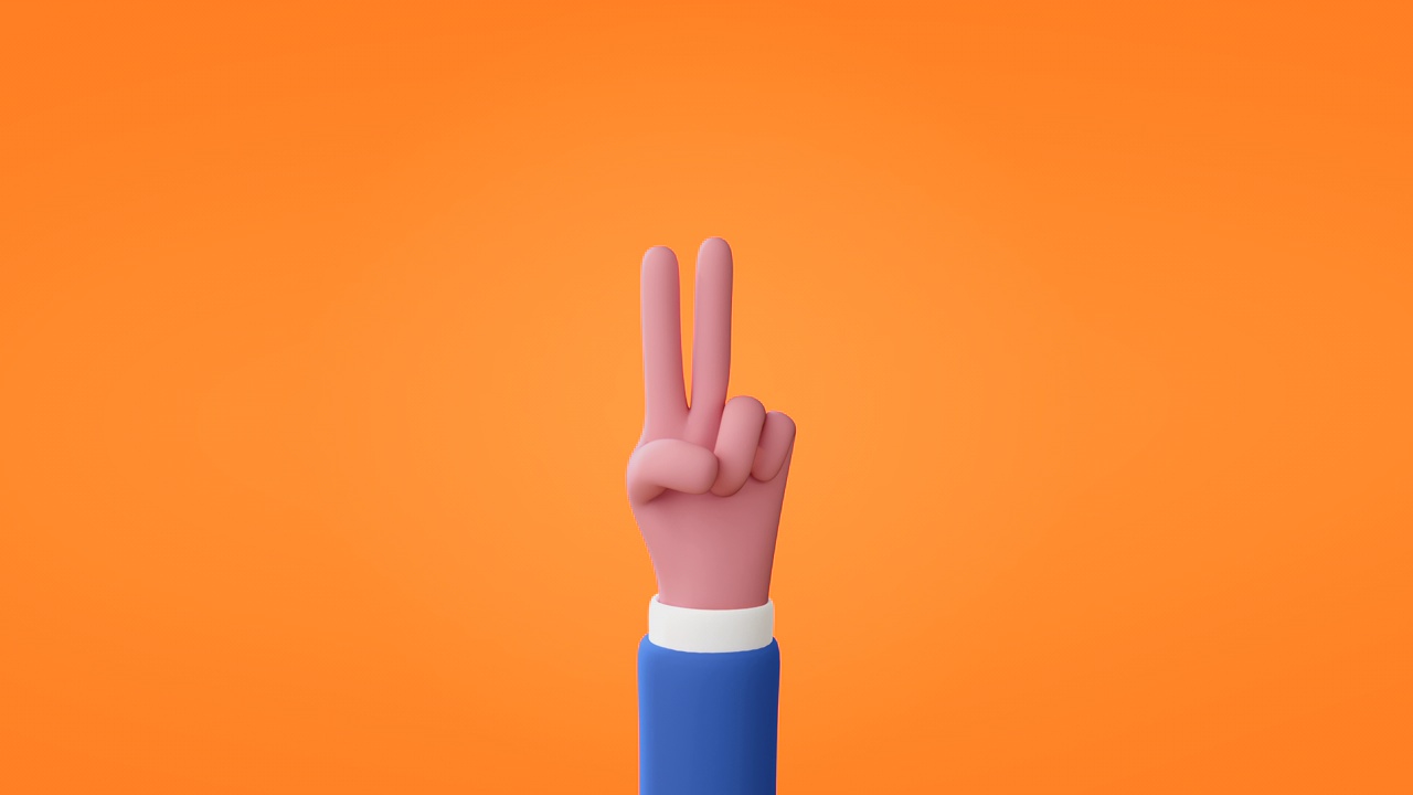 在橙色的背景上，双手做出象征和平和胜利的手势。α香奈儿无光。视频下载