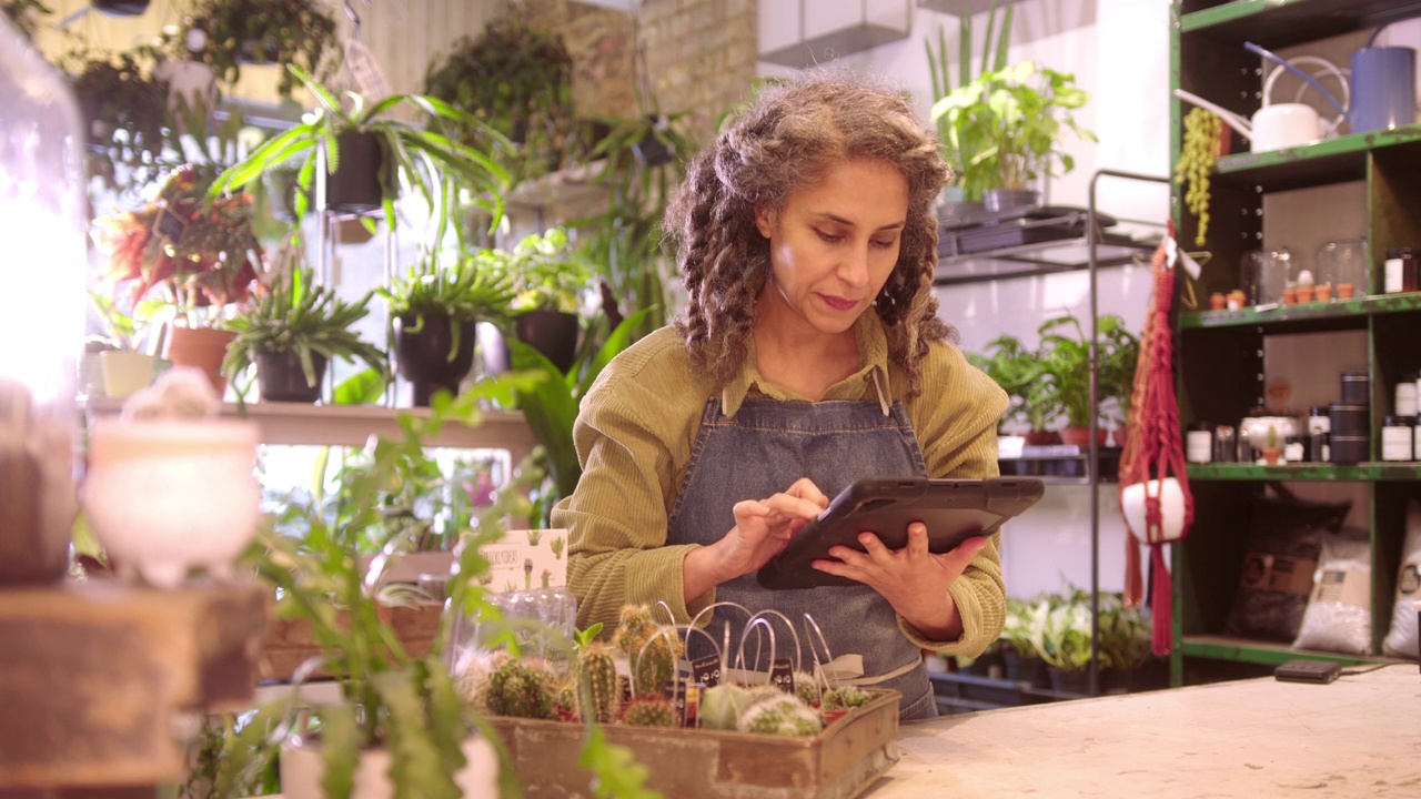 女花商在植物商店的数字平板电脑上工作视频购买