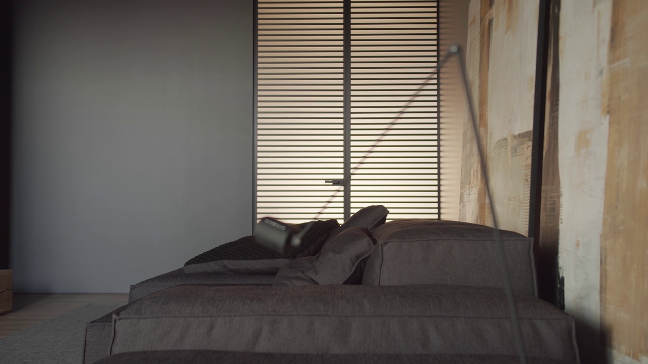 现代极简主义的客厅采用黑灰色调，大型绘画视频下载