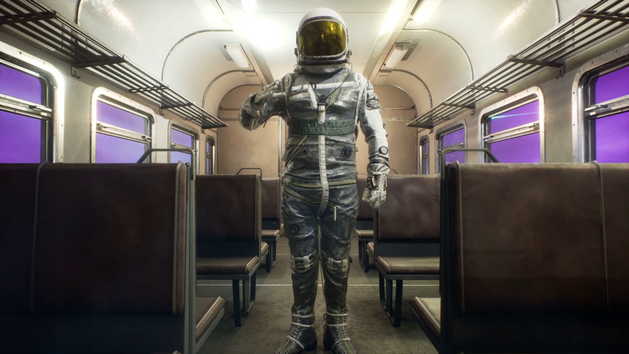 一名宇航员在一辆以超光速行驶的星际火车上敬礼。幻想太空旅行的概念。这部动画非常适合空间、幻想和科幻背景。视频素材