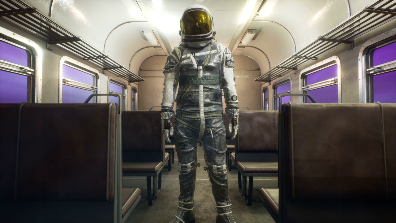 在星际空间火车上以超光速飞驰的宇航员。幻想太空旅行的概念。这部动画非常适合空间、幻想和科幻背景。视频素材