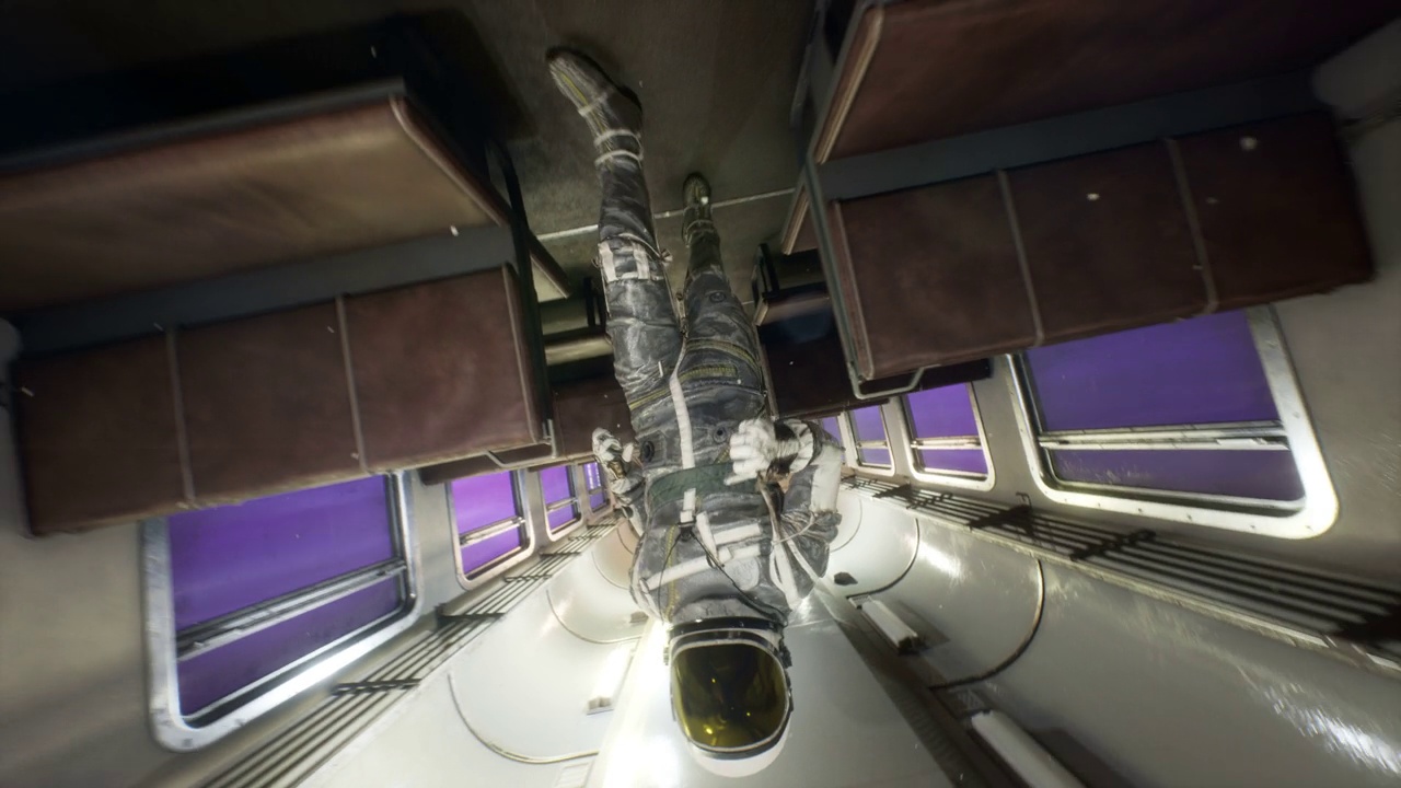 一名宇航员在一列星际空间火车上以超光速飞驰。幻想太空旅行的概念。循环动画是完美的空间，幻想和科幻背景。视频下载