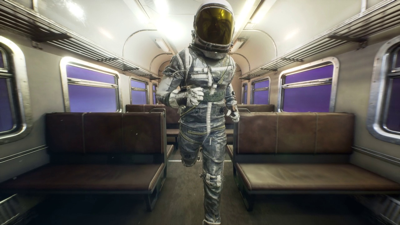 一名宇航员在以超光速飞驰的星际空间列车上奔跑。幻想太空旅行的概念。循环动画是完美的空间，幻想和科幻背景。视频素材