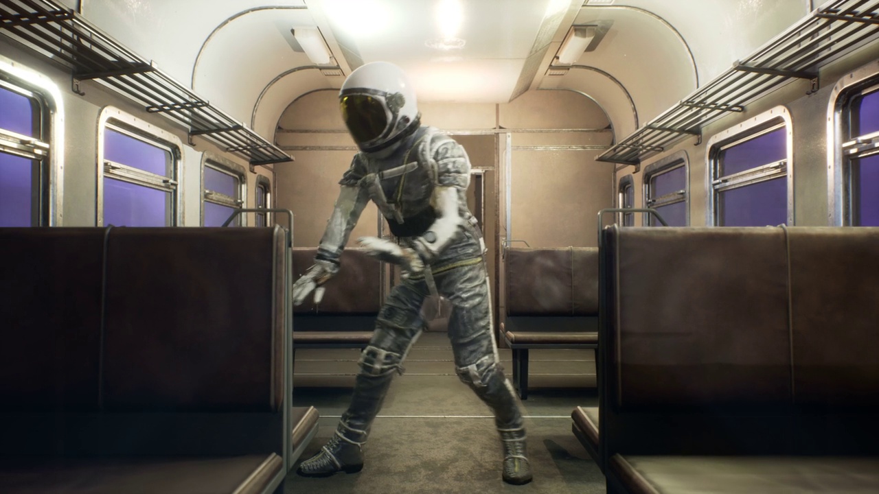 一名宇航员在一辆以超光速行驶的星际空间火车上跳舞。幻想太空旅行的概念。循环动画是完美的空间，幻想和科幻背景。视频素材
