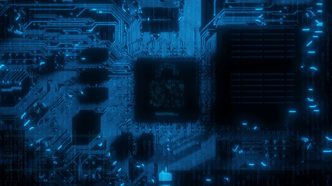 蓝色辉光线运行在未来的电路板和CPU上视频下载