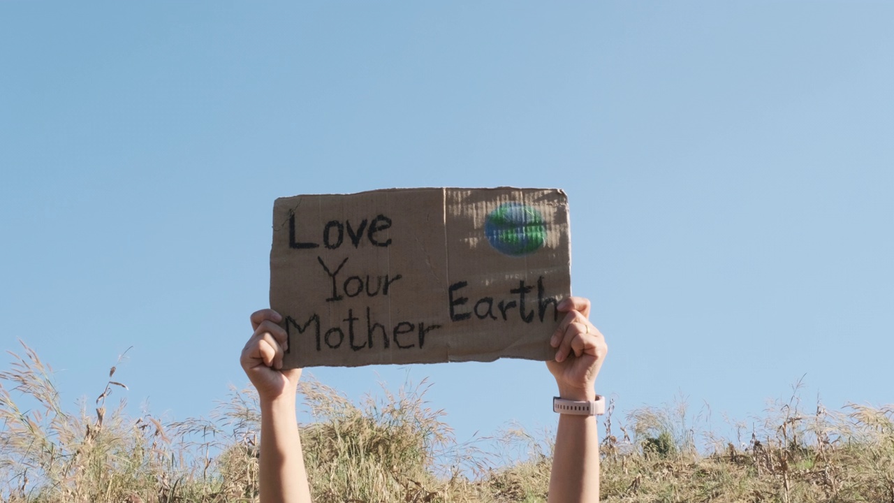 在蓝天的背景下，女性志愿者手举自然保护标志。世界环境日的概念。视频素材