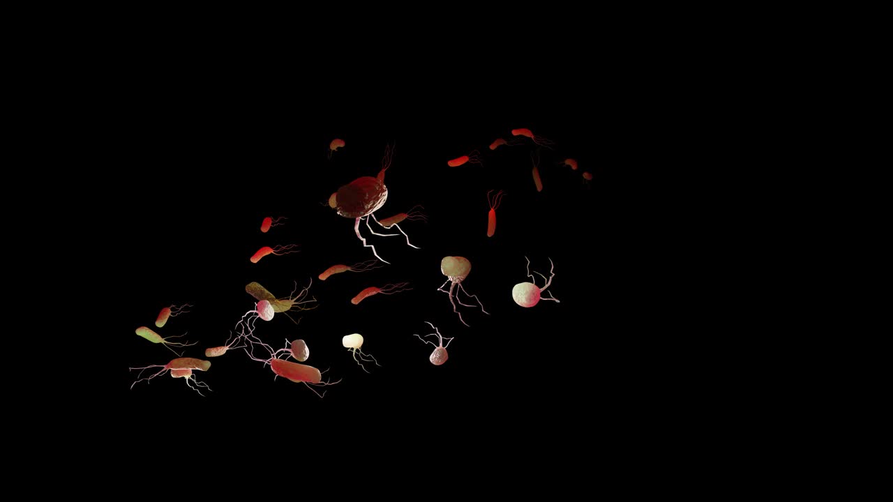 幽门螺杆菌动画微嗜气细菌，感染胃和十二指肠的各个区域。表面微绒毛。细菌和病毒。三维渲染视频素材